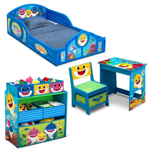 Baby Shark Tour 4-Piece Room-in-a-Box Bedroom Set by Delta Children - Includes Sleep & Play Toddler Bed, 6 Bin Design & Store Toy Organizer and Desk with Chair!