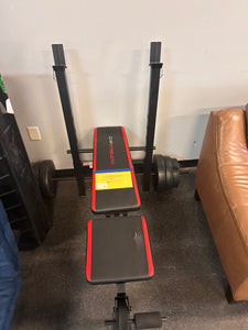 CAP Strength Adjustable Standard Combo Weight Bench with Rack and Leg Extension and 90 lb. Vinyl Weight Set**New and assembled, minor tear on the bench and missing one roll leg**