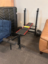 CAP Strength Adjustable Standard Combo Weight Bench with Rack and Leg Extension and 90 lb. Vinyl Weight Set**New and assembled, minor tear on the bench and missing one roll leg**