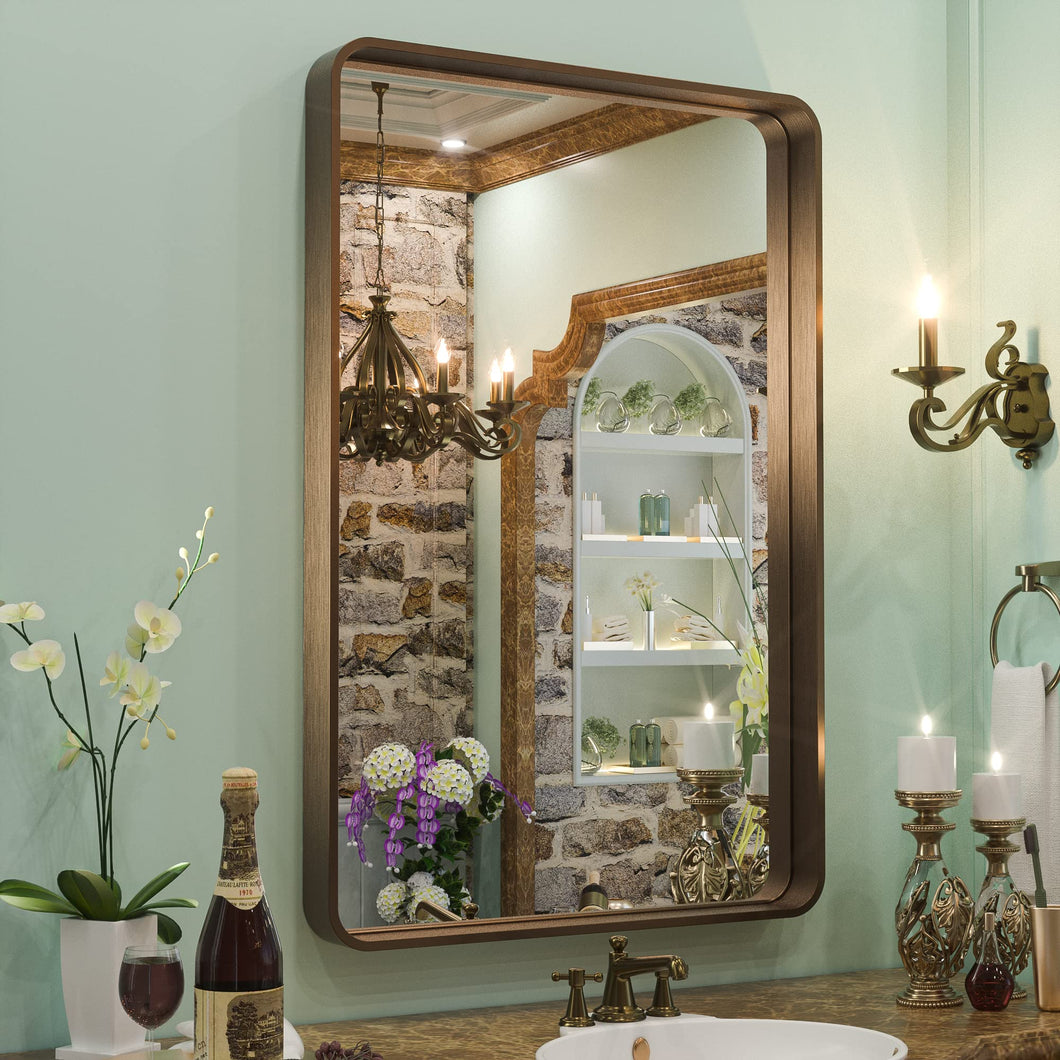 TETOTE 24 x 36 Inch Bronze Vanity Mirror, Trimmed Wall Mounted Rectangle Oil Rubbed Bronze Farmhouse Decorative Champagne Bronze Metal Framed Mirror for Bathroom (Horizontal/Vertical**New**