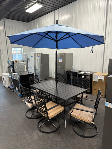 8-Piece Metal Outdoor Patio Dining Set with Beige Cushions and Umbrella! (NEW & ASSEMBLED!)