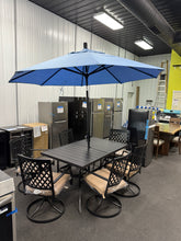 8-Piece Metal Outdoor Patio Dining Set with Beige Cushions and Umbrella! (NEW & ASSEMBLED!)