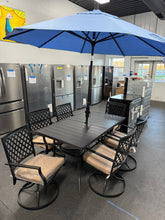 8-Piece Metal Outdoor Patio Dining Set with Beige Cushions and Umbrella! (NEW & ASSEMBLED!)
