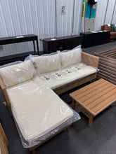 Brown 3-Piece Wood Outdoor Wicker Patio Conversation Sectional Seating Set with Beige Cushions! (NEW & ASSEMBLED)