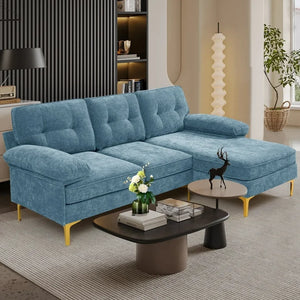 INGALIK Convertible Sectional Sofa Couch, L-Shaped Couch with Reversible Chaise Lounge, Chenille Fabric Modern Sofa for Living Room, Apartment, Office, 3 Seats, Light Blue! (NEW & ASSEMBLED)