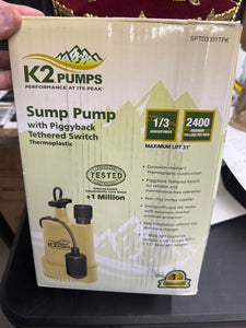 K2 Pumps 1/3-HP 115 -Volt 40-Gallon Thermoplastic Submersible sump pump!! NEW IN BOX!!
