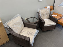 3-Piece Stylish Wicker Patio Swivel Chair Outdoor Rocking Chair Set with Thick Beige Cushions and Table! (NEW & ASSEMBLED)