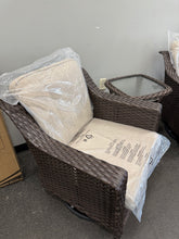 3-Piece Stylish Wicker Patio Swivel Chair Outdoor Rocking Chair Set with Thick Beige Cushions and Table! (NEW & ASSEMBLED)