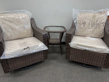 3-Piece Stylish Wicker Patio Swivel Chair Outdoor Rocking Chair Set with Thick Beige Cushions and Table! (NEW & ASSEMBLED)
