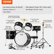 VEVOR Kids Drum Set, 5-Piece, 16 in Beginner Full Drum Set with Bass Toms Snare Floor Drum Adjustable Throne Cymbal Hi-Hat Pedal and Two Pairs of Drumsticks, Starter Drum Kit for Child Kids, Black