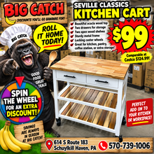 This Seville Classics Kitchen Cart features a beautiful natural acacia wood top with matching wood shelving and a sturdy white frame- no shipping