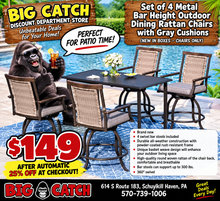 Set of 4 Metal Bar Height Outdoor Dining Rattan Bistro Chairs with Gray Cushions! (NEW IN BOXES - CHAIRS ONLY)