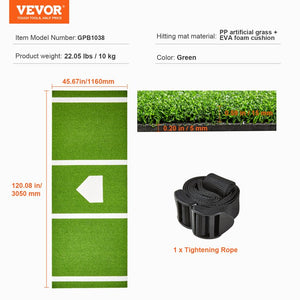 VEVOR Baseball Softball Hitting Batting Mat, 10' x 3.8' Indoor/Outdoor Softball Mat, Lined & Foam Backing Anti-Slip Anti-Fade Softball Training Aid, Portable Practice Mat with Tightening Rope, Green! (NEW IN BOX)