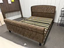 Queen Bed Frame with 42" Wingback Headboard, Upholstered Queen Size Bed Frame with Button Tufted Scroll Footboard, Wood Slats Support/No Noise/Easy Assembly/No Box Spring Needed, Brown! (NEW)