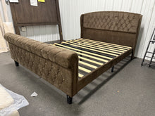 Queen Bed Frame with 42" Wingback Headboard, Upholstered Queen Size Bed Frame with Button Tufted Scroll Footboard, Wood Slats Support/No Noise/Easy Assembly/No Box Spring Needed, Brown! (NEW)