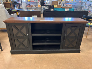 Mainstays Farmhouse TV Stand for TVs up to 70", Black/Walnut! (NEW & ASSEMBLED - CHIPPED FROM SHIPPING)