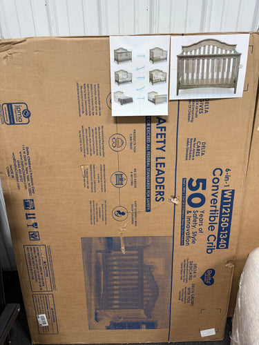 Delta Children Farmhouse 6-in-1 Convertible Crib, Textured Limestone! (NEW IN BOX)
