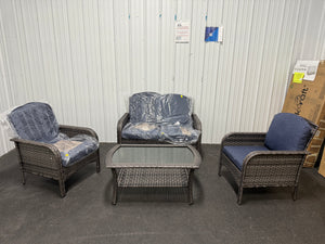 Denali Gray 4-Piece 4-Seat Wicker Modern Outdoor Patio Conversation Sofa Seating Set with Denim Blue Cushions! (NEW & ASSEMBLED)