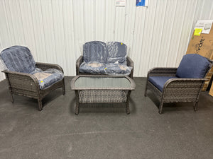 Denali Gray 4-Piece 4-Seat Wicker Modern Outdoor Patio Conversation Sofa Seating Set with Denim Blue Cushions! (NEW & ASSEMBLED)