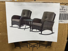 Pocassy 3-Piece Brown Wicker Patio Conversation Set with Gray Cushions and Coffee Table Flat Handrail Rocking Chairs!! NEW IN BOX!!