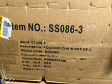 Pocassy 3-Piece Brown Wicker Patio Conversation Set with Gray Cushions and Coffee Table Flat Handrail Rocking Chairs!! NEW IN BOX!!