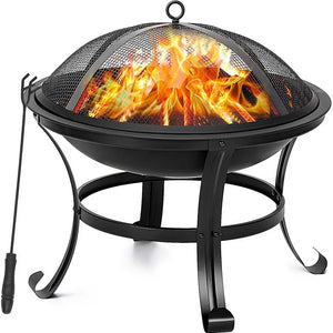 Segmart 22" Round Fire Pit, Curved Iron Outdoor Wood Burning Fire Pit Patio Decoration with Spark Screen, Log Grate, Poker for Backyard Poolside, Black! (NEW IN BOX)