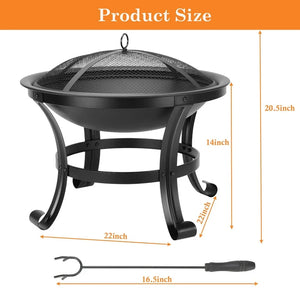 Segmart 22" Round Fire Pit, Curved Iron Outdoor Wood Burning Fire Pit Patio Decoration with Spark Screen, Log Grate, Poker for Backyard Poolside, Black! (NEW IN BOX)