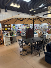 8-Piece Metal Patio Outdoor Dining Set with Slat Rectangle Table, 2 Elegant Swivel Chairs with Beige Cushions, and 15Ft LED Umbrella W/Base! (NEW - SCRATCHED FROM SHIPPING)