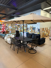 8-Piece Metal Patio Outdoor Dining Set with Slat Rectangle Table, 2 Elegant Swivel Chairs with Beige Cushions, and 15Ft LED Umbrella W/Base! (NEW - SCRATCHED FROM SHIPPING)