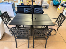 8-Piece Metal Patio Outdoor Dining Set with Slat Rectangle Table, 2 Elegant Swivel Chairs with Beige Cushions, and 15Ft LED Umbrella W/Base! (NEW - SCRATCHED FROM SHIPPING)