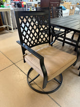 8-Piece Metal Patio Outdoor Dining Set with Slat Rectangle Table, 2 Elegant Swivel Chairs with Beige Cushions, and 15Ft LED Umbrella W/Base! (NEW - SCRATCHED FROM SHIPPING)