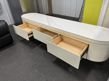 Modern 70.86"–122" Extendable TV Stand – Creamy White Media Console with Sintered Stone Top, 3 Solid Wood Drawers, Fully-Assembled! (NEW)