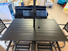 8-Piece Metal Patio Outdoor Dining Set with Slat Rectangle Table, 2 Elegant Swivel Chairs with Beige Cushions, and 15Ft LED Umbrella W/Base! (NEW - SCRATCHED FROM SHIPPING)