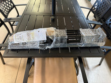 8-Piece Metal Patio Outdoor Dining Set with Slat Rectangle Table, 2 Elegant Swivel Chairs with Beige Cushions, and 15Ft LED Umbrella W/Base! (NEW - SCRATCHED FROM SHIPPING)