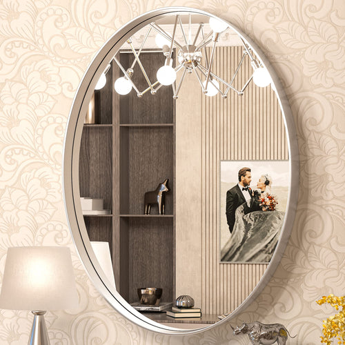 TokeShimi Oval Mirrors for Wall Decor 22x30 Inch with Non-Rusting Aluminum Alloy Brushed Silver Matte Framed Wall Mounted for Bathroom, Entryway, Living Room, Bedroom,Vanity or Horizontal! (BRAND NEW - MINOR DENT ON TRIM)