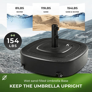 FRUITEAM 154lb Capacity Fillable Mobile Umbrella Base with 4 Wheels, Wind-Resistant Heavy Duty Patio Umbrella Base Market Stand Water or Sand Filled, for Patio, Deck, Poolside w/ 2 Locks, 2 Knobs**New in box**