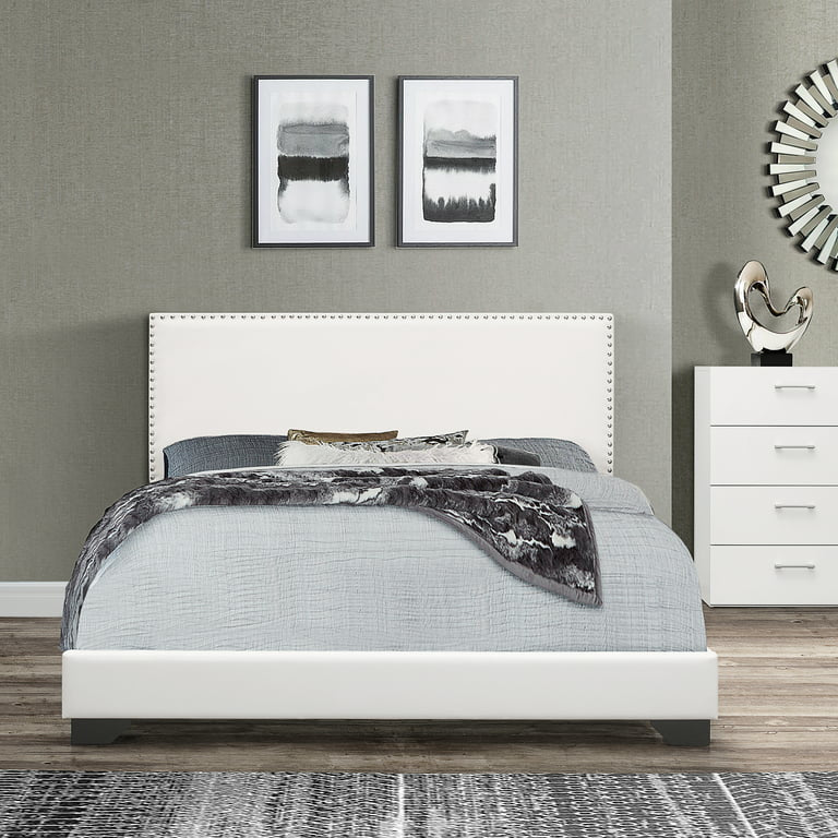 Hillsdale Willow Nailhead Trim Upholstered Queen Bed, White Faux Leather! (NEW IN BOX)