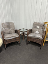 Pocassy 3-Piece Brown Wicker Patio Conversation Set with Gray Cushions and Coffee Table Flat Handrail Rocking Chairs!! NEW & ASSEMBLED!