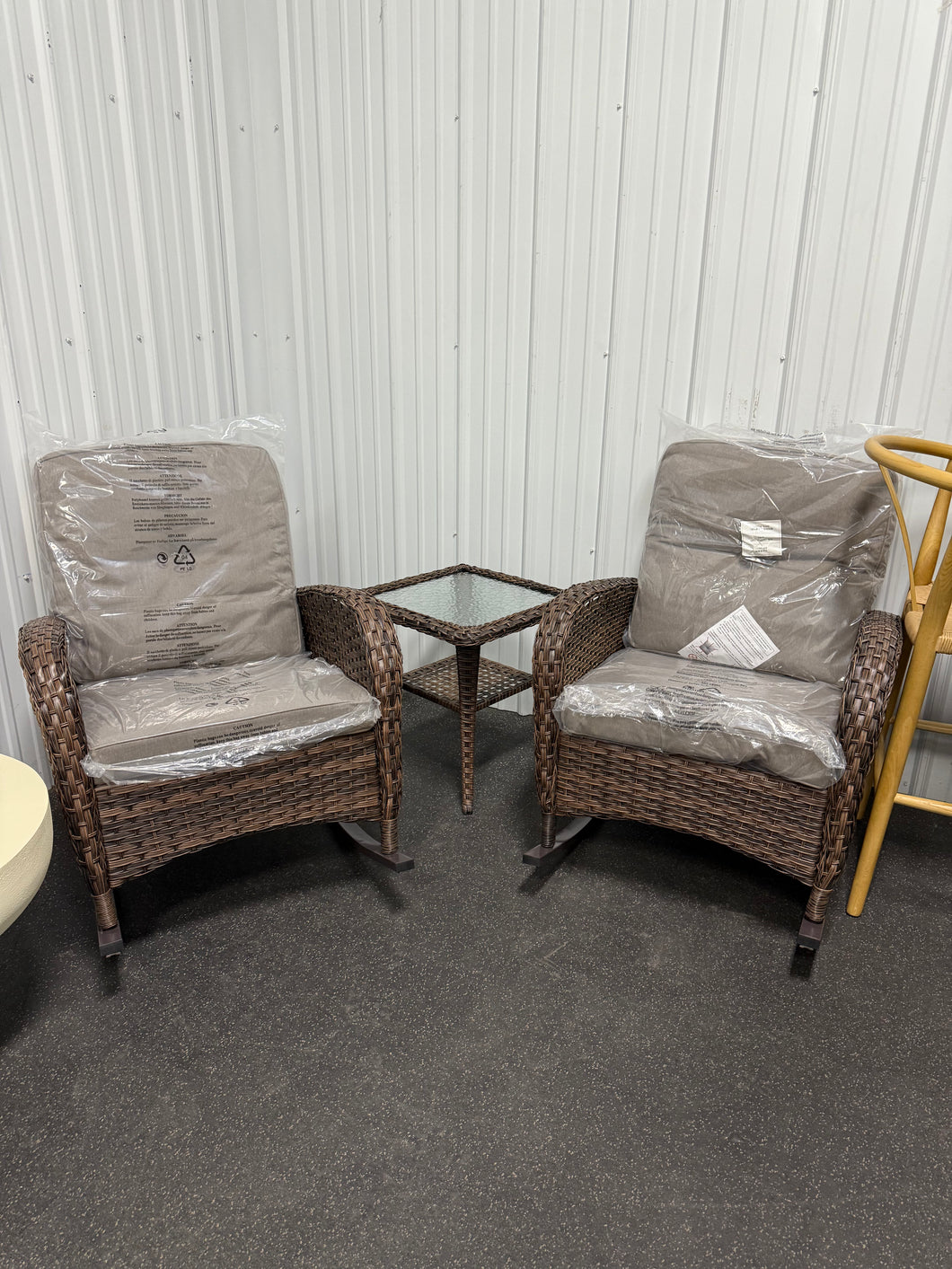 Pocassy 3-Piece Brown Wicker Patio Conversation Set with Gray Cushions and Coffee Table Flat Handrail Rocking Chairs!! NEW & ASSEMBLED!