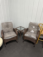 Pocassy 3-Piece Brown Wicker Patio Conversation Set with Gray Cushions and Coffee Table Flat Handrail Rocking Chairs!! NEW & ASSEMBLED!