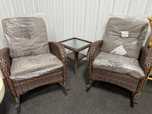 Pocassy 3-Piece Brown Wicker Patio Conversation Set with Gray Cushions and Coffee Table Flat Handrail Rocking Chairs!! NEW & ASSEMBLED!