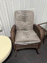 Pocassy 3-Piece Brown Wicker Patio Conversation Set with Gray Cushions and Coffee Table Flat Handrail Rocking Chairs!! NEW & ASSEMBLED!