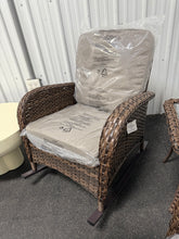 Pocassy 3-Piece Brown Wicker Patio Conversation Set with Gray Cushions and Coffee Table Flat Handrail Rocking Chairs!! NEW & ASSEMBLED!