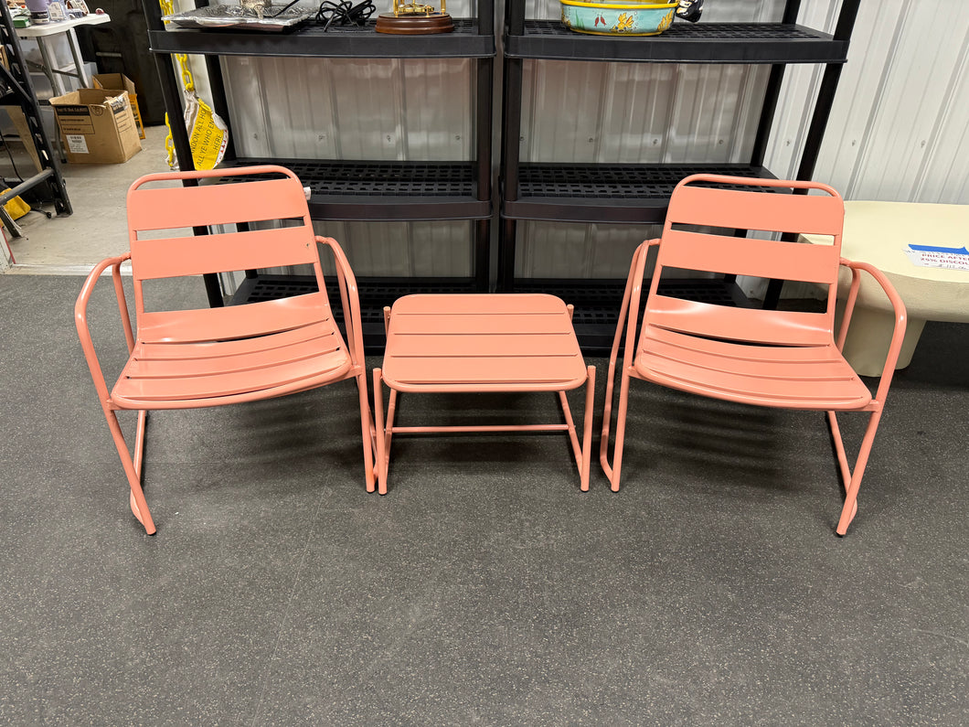Cowan Matte Coral 3-Piece Metal Outdoor Patio Conversation Seating Set! (NEW & ASSEMBLED - SCRATCHED)