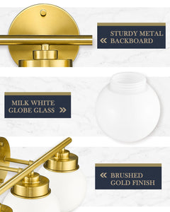 LMS Gold Bathroom Light Fixtures, 3 Light Globe Bathroom Vanity Lights with White Glass Shade, LMS-098**New in box**