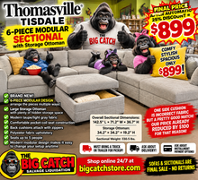 Thomasville Tisdale 6-Piece Modular Sectional with Storage Ottoman — BRAND NEW- ONE SIDE CUSHION IS INCORRECT FABRIC BUT A PRETTY GOOD MATCH!  OUR PRICE ALREADY REDUCED BY $100 FOR THAT REASON!