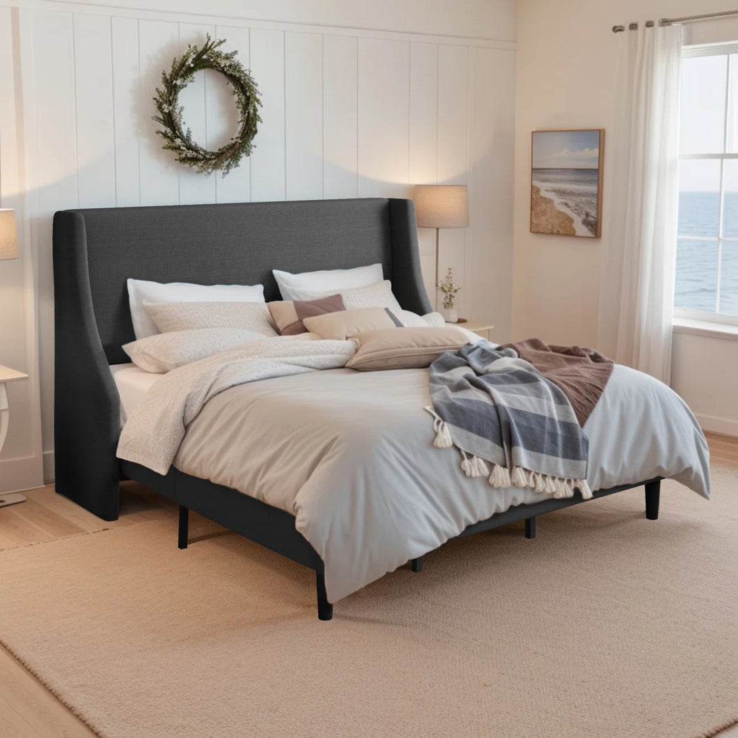 Bowdoin Modern Linen Upholstered Wingback Platform Bed with Wooden Slats, Dark Grey, King Size! (NEW IN BOX)