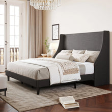 Bowdoin Modern Linen Upholstered Wingback Platform Bed with Wooden Slats, Dark Grey, King Size! (NEW IN BOX)