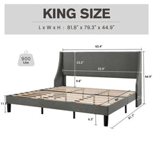 Bowdoin Modern Linen Upholstered Wingback Platform Bed with Wooden Slats, Dark Grey, King Size! (NEW IN BOX)