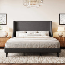 Bowdoin Modern Linen Upholstered Wingback Platform Bed with Wooden Slats, Dark Grey, King Size! (NEW IN BOX)